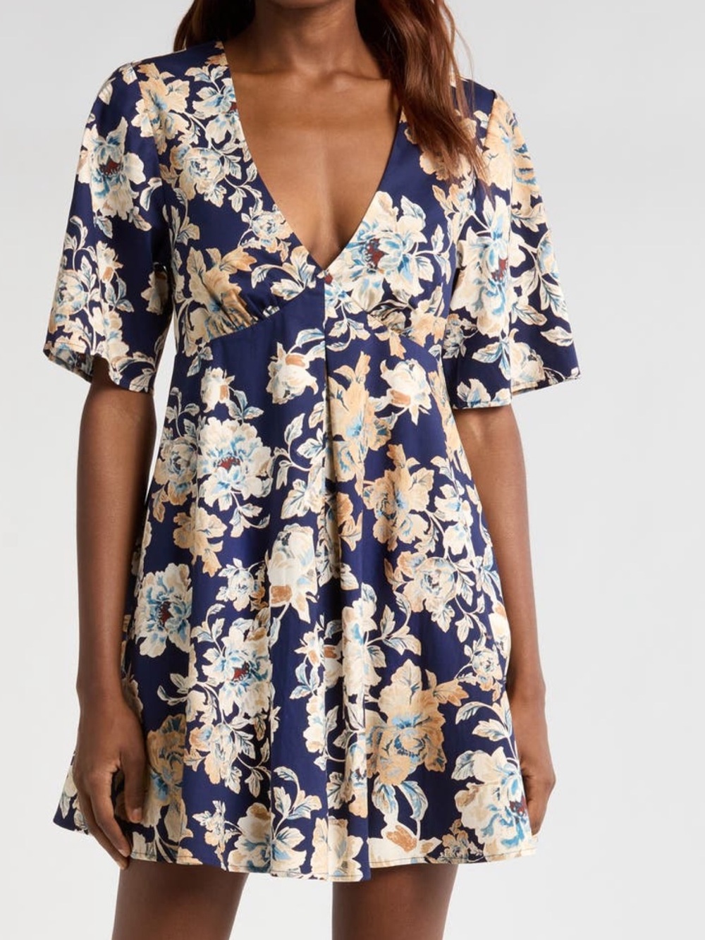 WAYF Navy Floral V-Neck Mini Dress with Cream and Tan Flowers